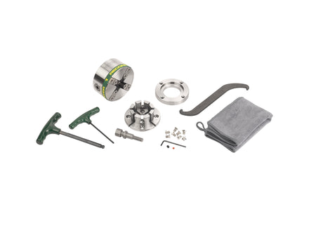 Mandrino Record Power Victory M33 DT con ganasce modulari VersaLock da 50 mm, anello flangia e accessori completi per tornitura professionale del legno.