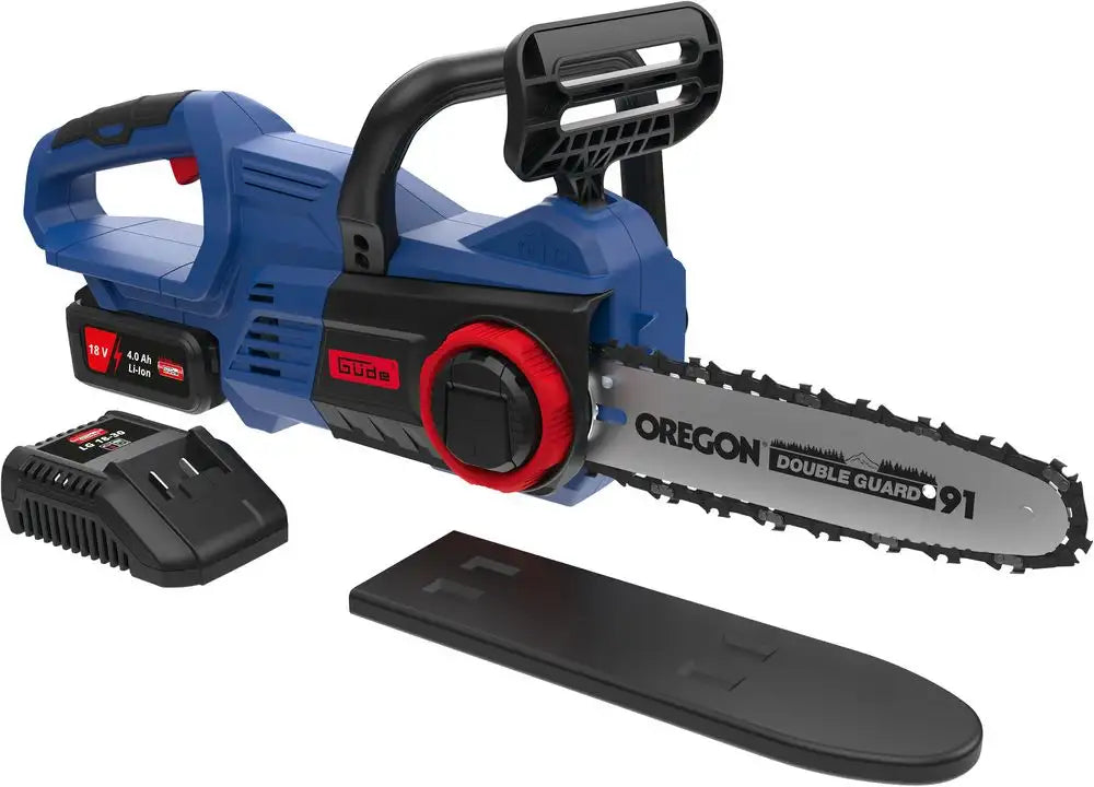 Motosega Guede KS 18-401-30 18V con barra e catena Oregon, tensionamento rapido e freno catena, fornita con batteria 4 Ah e caricabatteria 3 A.