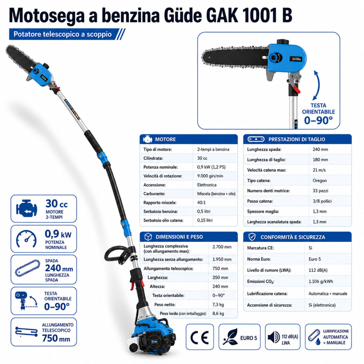 Motosega a stelo Güde GAK 1001 B – benzina 2 tempi, testina orientabile 0–90°