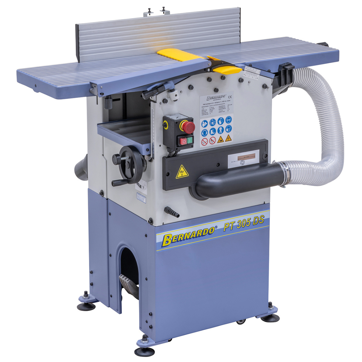 Pialla a filo e spessore Bernardo PT 305 DS con albero a spirale da 28 inserti TCT, aspiratore integrato e carrello di trasporto.