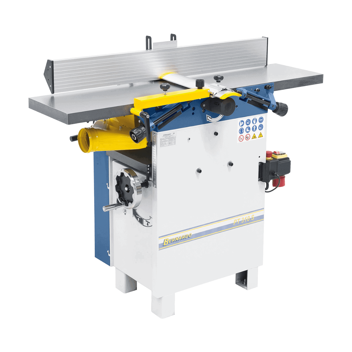 Pialla a filo e spessore Bernardo PT 310 S 400 V con albero a spirale da 30 inserti TCT, tavoli in ghisa rettificata e recinzione inclinabile, ideale per falegnamerie e laboratori professionali.