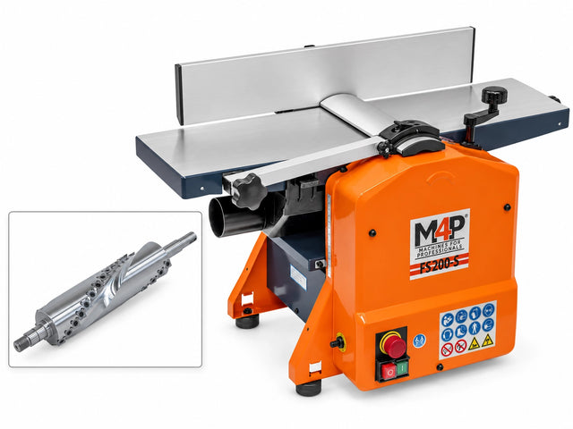 Pialla combinata a filo e spessore M4P FS 200 S da 230 V, colore arancione, con albero a spirale mostrato nel riquadro a sinistra.