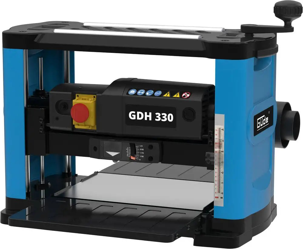 Pialla a spessore Güde GDH 330 con piano ribaltabile, regolazione centrale continua e sistema di guida a 4 colonne, ideale per lavorazioni precise.