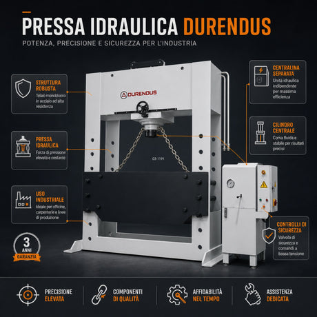 Pressa idraulica Durendus DW500 da 500 ton con cilindro mobile, motore 30 kW, corsa 400 mm e piano di lavoro 1600 x 500 mm.