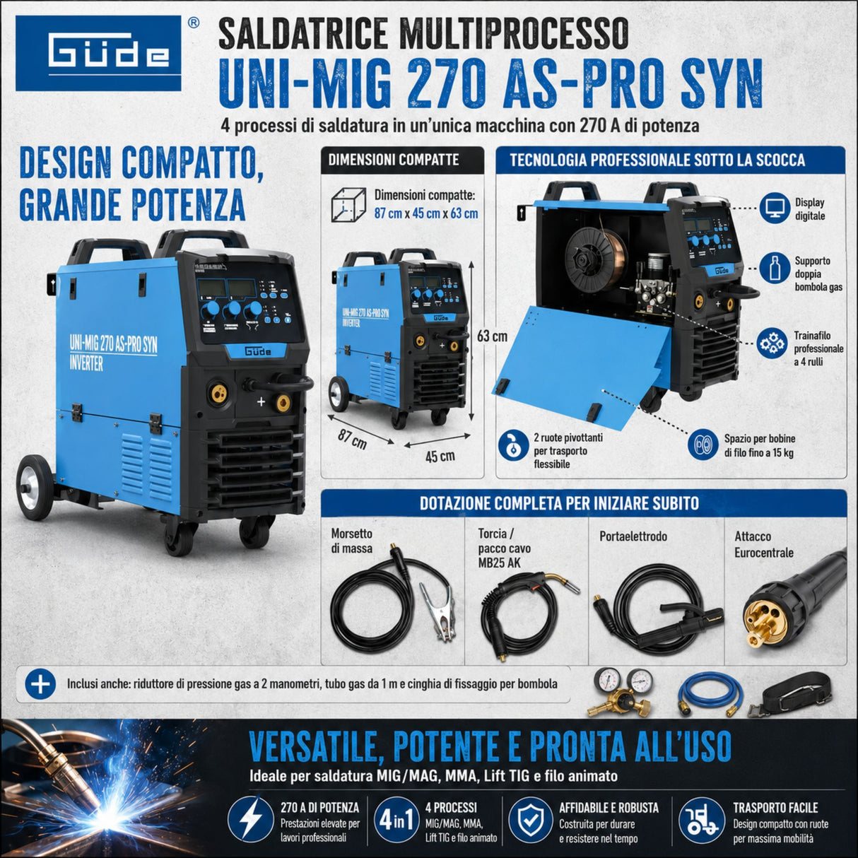 Saldatrice professionale MIG/MAG Güde Uni-Mig 270 AS-Pro SYN 270 A