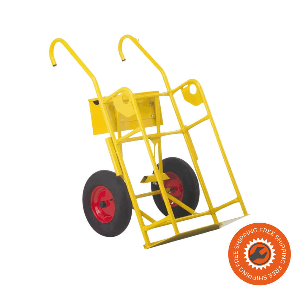 Carrello portabombole Ravendo BT 121 M in acciaio verniciato a polvere giallo, con portata 250 kg, ruote solide Ø4.00×8” e superficie di supporto 680×300 mm.
