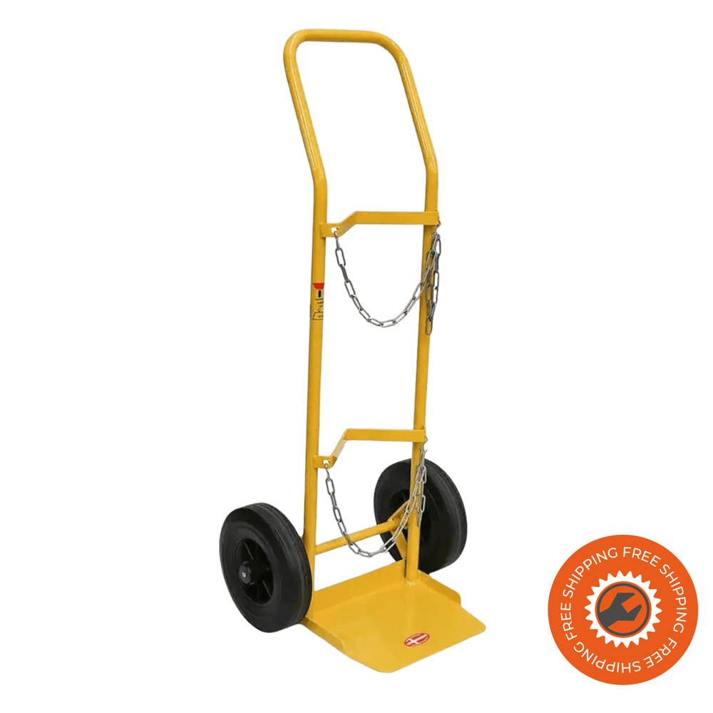 Carrello portabombole Ravendo BT 122 M, compatto e leggero, con portata 125 kg, ruote solide Ø250×50 mm e struttura in acciaio verniciato a polvere giallo.