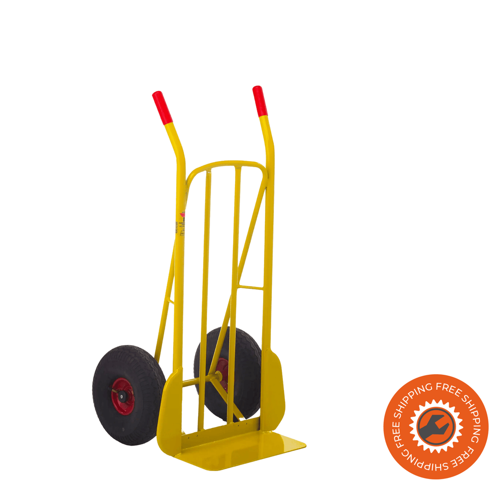 Carrello Ravendo CLS 250 LLS in acciaio giallo con ruote pneumatiche e capacità di carico fino a 250 kg.
