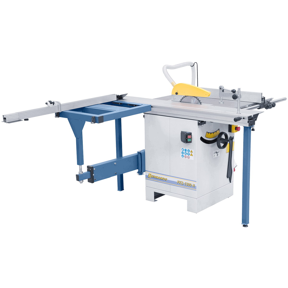 Vista laterale della sega FKS 1300 H con tavolo in ghisa, braccio telescopico e lama da 254 mm per tagli inclinati e pannelli di medie dimensioni.