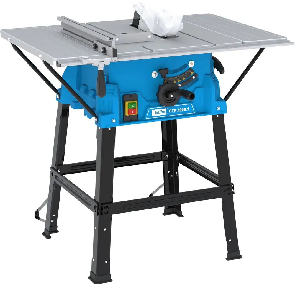 Sega circolare da banco Guede GTK 2000.1 con piano estensibile, lama HM Ø250 mm, motore 2000 W e guida parallela regolabile.