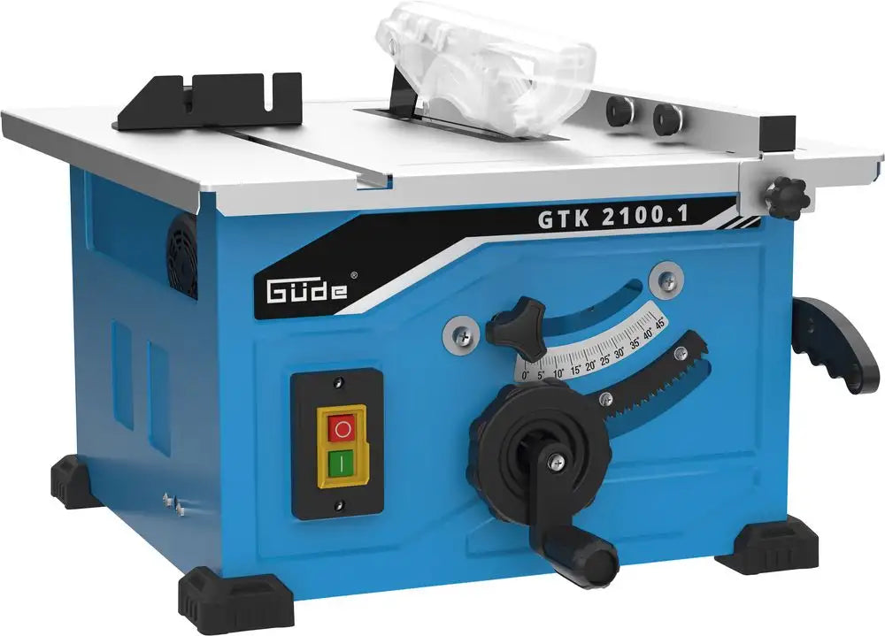 Sega circolare da banco Guede GTK 2100.1 con lama da 210 mm, inclinazione regolabile fino a 45°, piano in acciaio verniciato e motore da 1200 W.