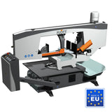 Segatrice a nastro orizzontale Flott HBS 350 HA per metallo, con motore da 3 kW, inverter, ciclo idraulico e taglio a mitra fino a 60°.