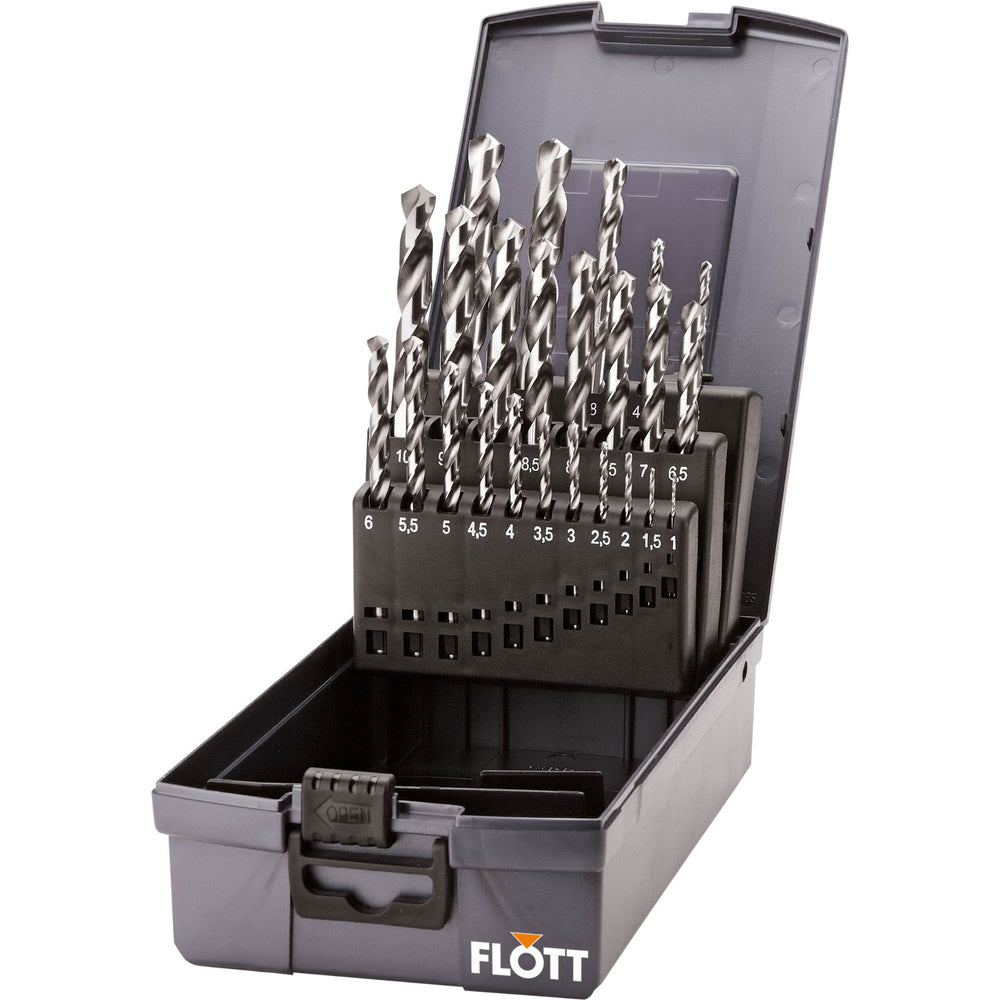 Set completo di 24 punte elicoidali in acciaio rapido HSS con custodia metallica, ideali per forature precise su metallo, legno e plastica.