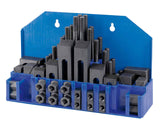 Set di serraggio Bernardo da 58 pezzi per cave a T da 10 mm con filettatura M8 e cassetta utilizzabile come supporto a parete.