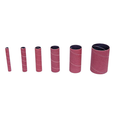 Set di manicotti abrasivi cilindrici grana K120 con diametri da 13 a 76 mm utilizzati per levigatura fine e finitura di superfici metalliche con levigatrice OVS 40.