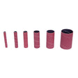 Set di manicotti abrasivi cilindrici grana K80 con diametri da 13 a 76 mm utilizzati per levigatura e sbavatura di componenti metallici con levigatrice OVS 40.