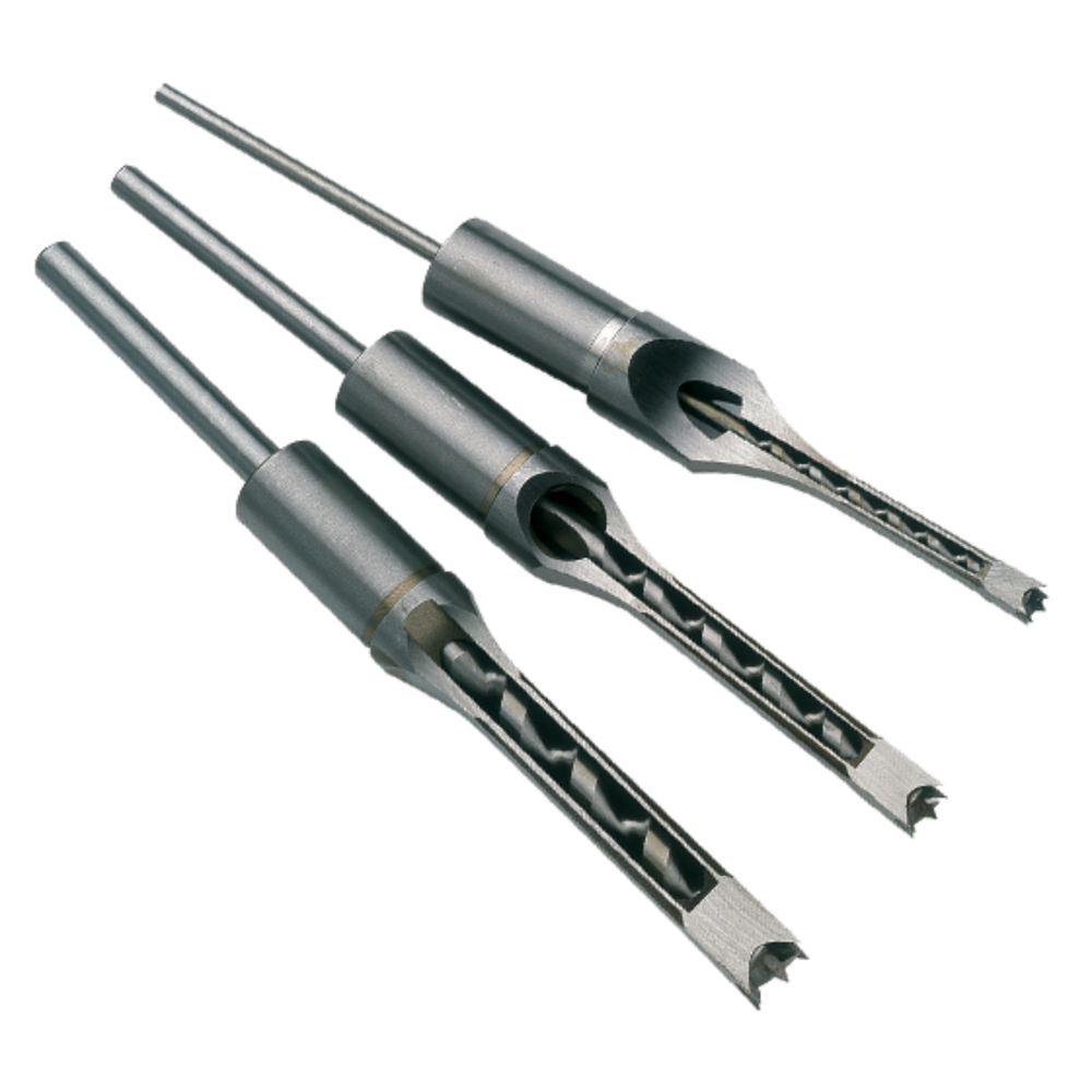 Immagine del set Record Power R150-3CB composto da tre scalpelli con punte per mortasa in acciaio rapido, nelle misure 1/4”, 3/8” e 1/2”, con finestre di evacuazione truciolo.