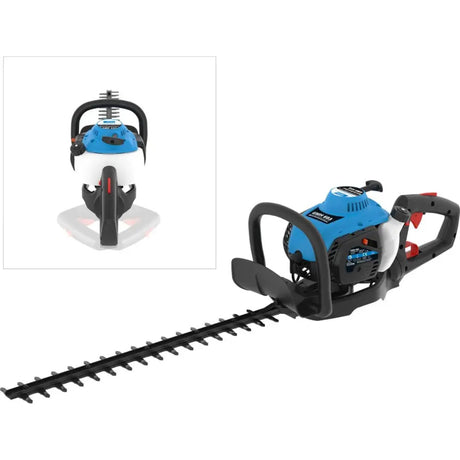 Motore 2-Takt 26 cc da 0,75 kW (1 PS) con velocità 10.000 giri/min. Serbatoio 0,46 L con miscela 40:1 fornisce autonomia ~1,5–2 ore. Pompa manuale alimentazione per avviamento affidabile. Avviamento reversibile per operatori destri e mancini.
