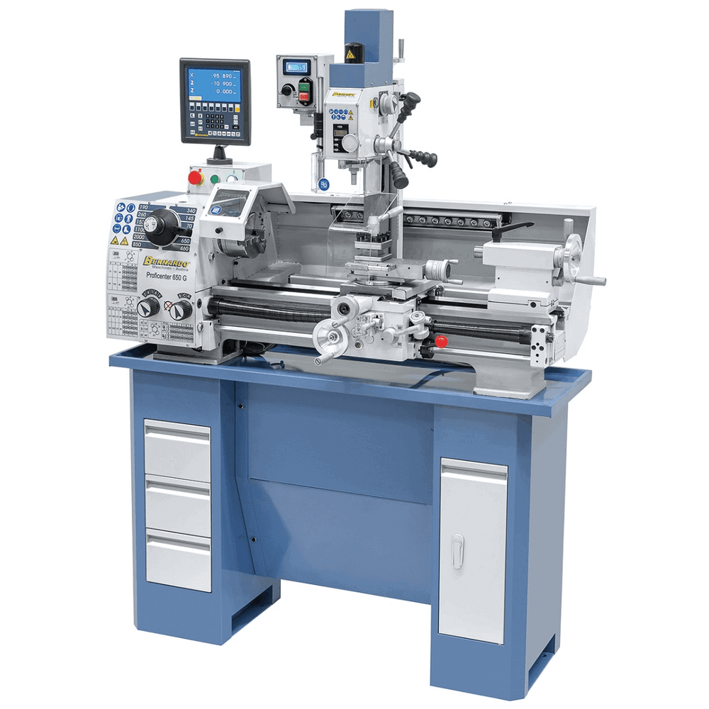 Tornio combinato Bernardo Proficenter 650 G versione 400 V, con distanza punte 650 mm, fresatrice integrata e DRO digitale a 2 assi ES-12 V.