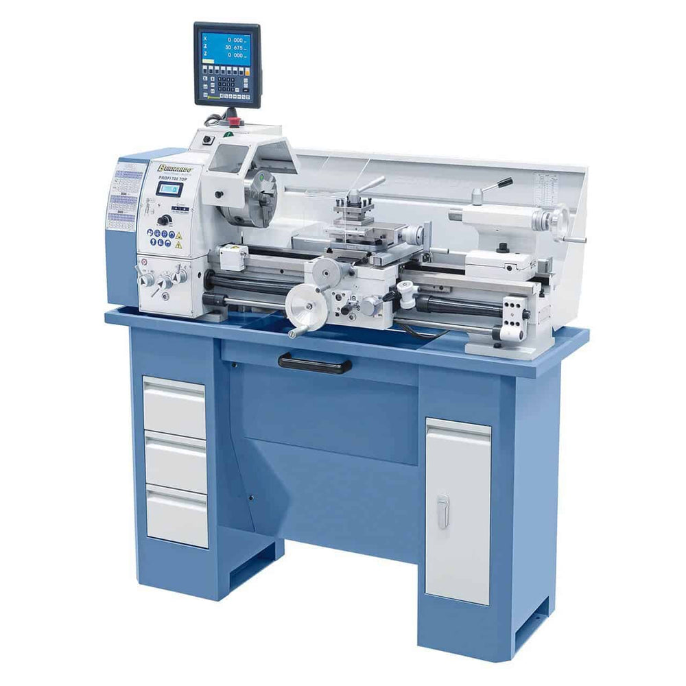 Tornio Bernardo Profi 700 Top / 230 V con passaggio barra Ø 38 mm, inverter, visualizzatore digitale ES-12 V e dotazione completa.