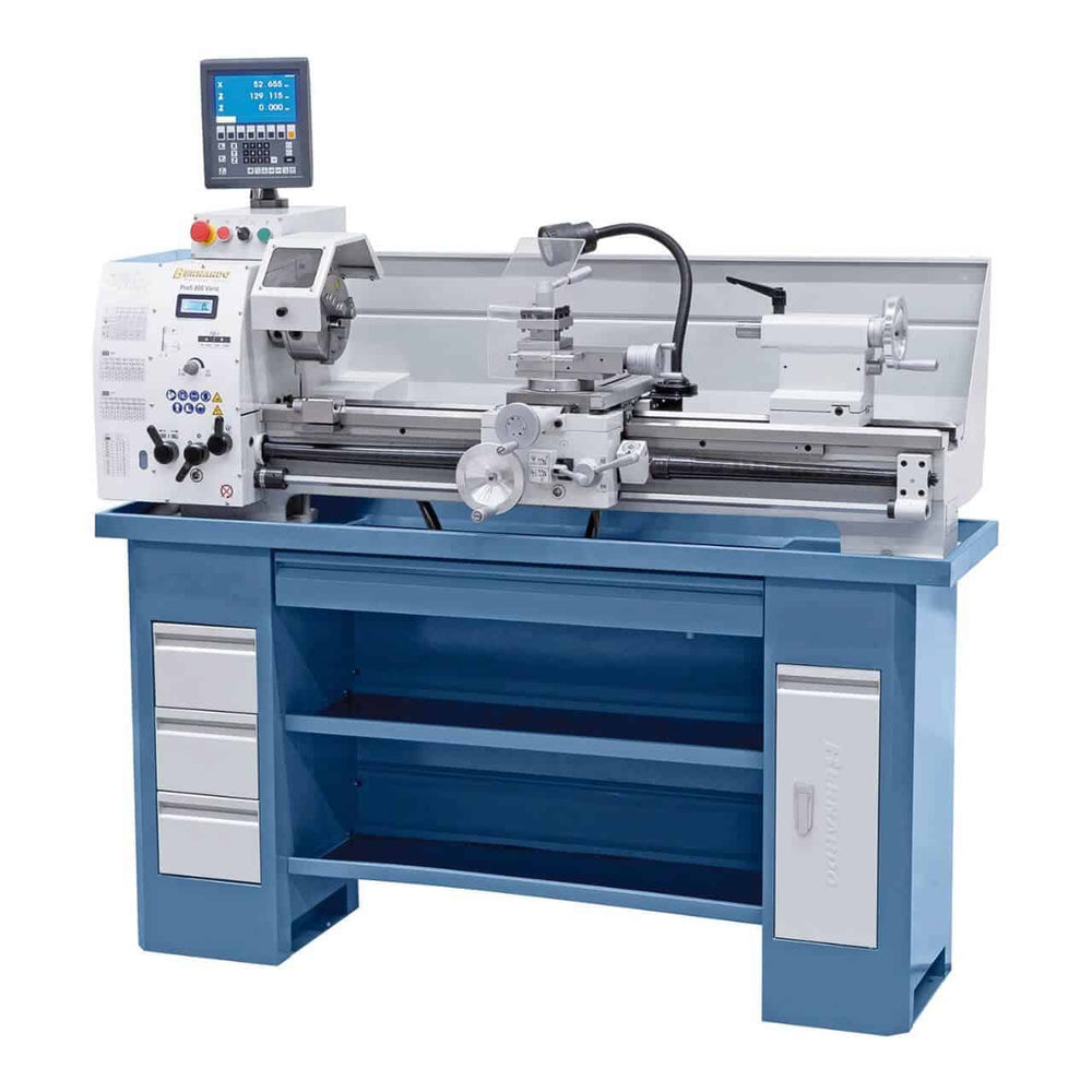 Tornio Bernardo Profi 900 Vario – distanza tra le punte 900 mm, display digitale a 2 assi e mandrino a 3 griffe, ideale per officine e laboratori.