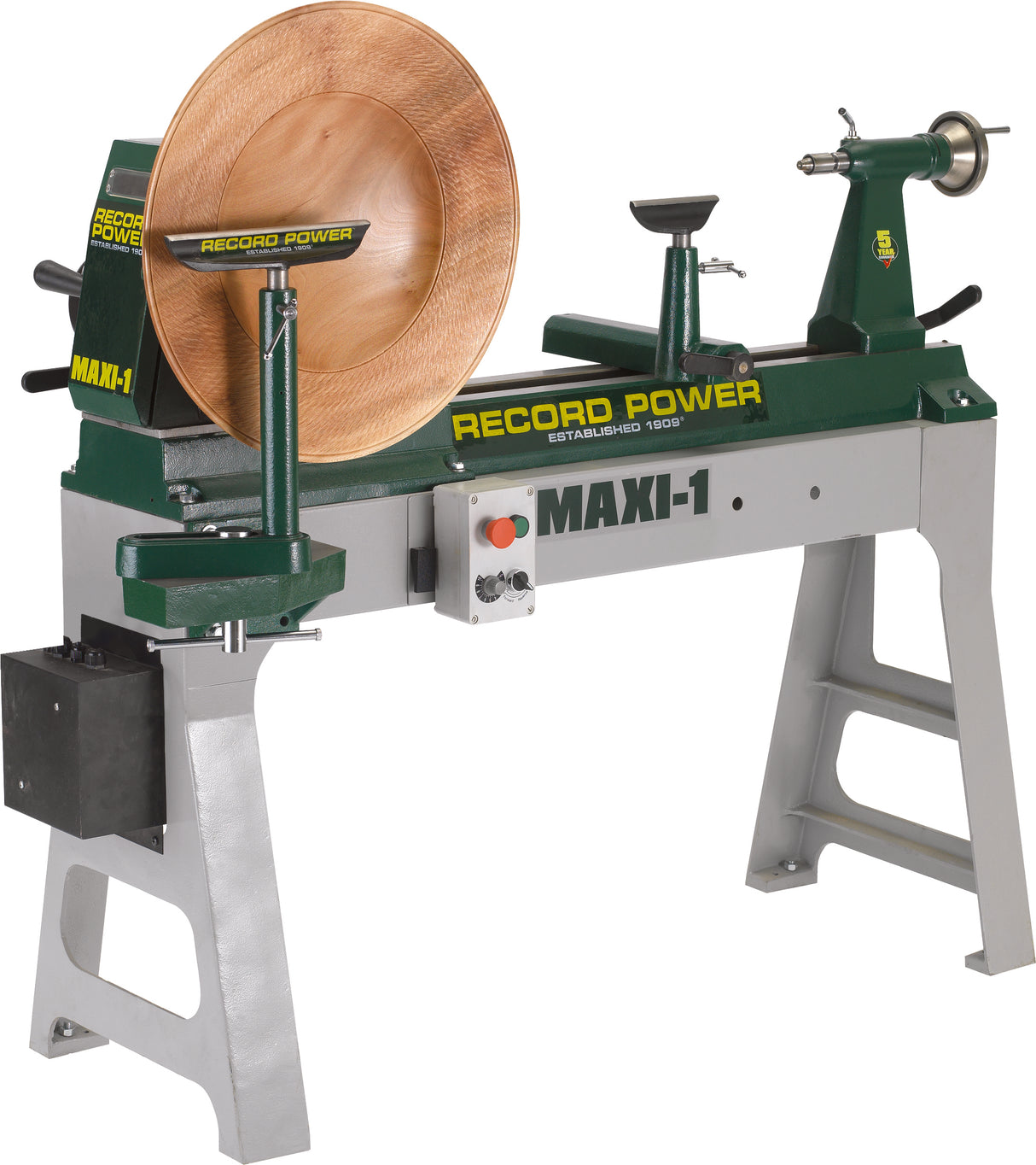 Tornio per legno Record Power MAXI-1-M33 in ghisa con testa orientabile, velocità regolabile elettronicamente e capacità di tornitura fino a 762 mm, ideale per lavorazioni professionali di grande formato.