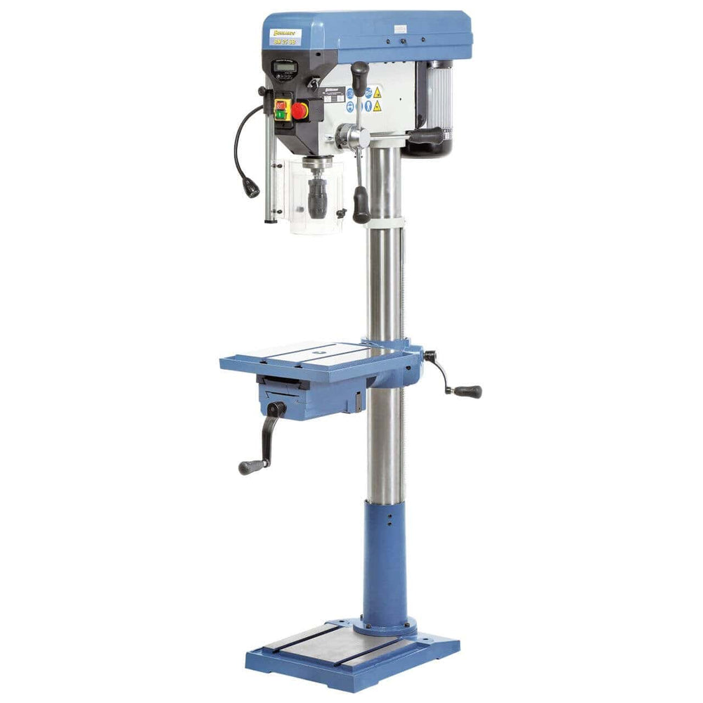 Trapano a colonna Bernardo BM 25 SB 400 V con mandrino autoserrante, laser a croce, luce LED e tavolo girevole a 360°, ideale per officine professionali.