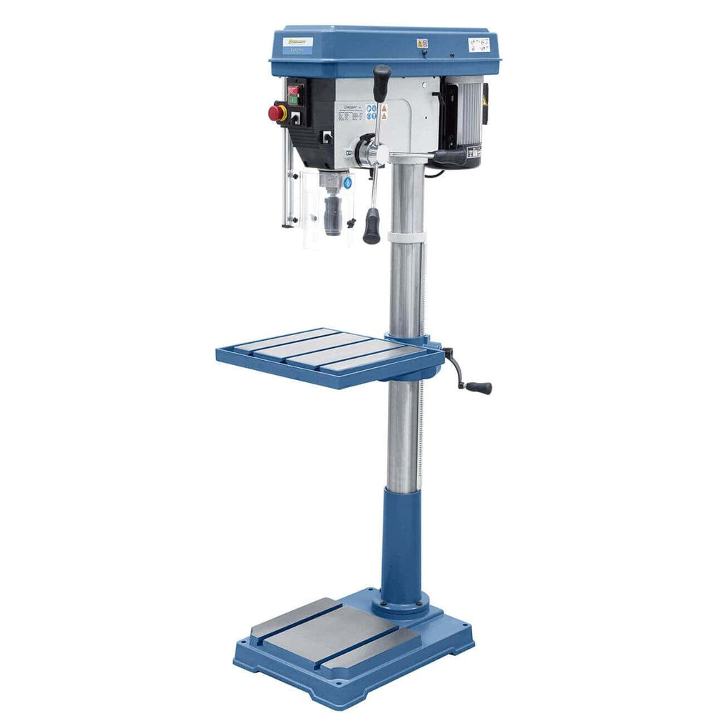 Trapano a colonna Bernardo B 610 Pro 400 V con tavola inclinabile, laser a croce e funzione rotazione destra/sinistra per forature precise.