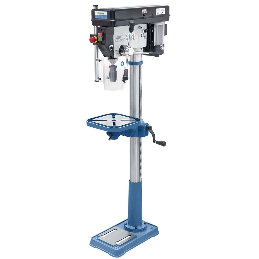 Trapano a colonna Bernardo SB 25 S / 400 V con tavolo inclinabile a cremagliera, mandrino autoserrante e motore ad alta coppia.