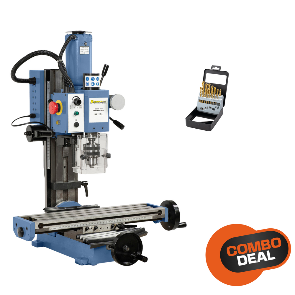 Trapano e Fresatrice Bernardo KF 20 L con testa inclinabile, tavolo 460 × 120 mm e set di punte elicoidali incluso.