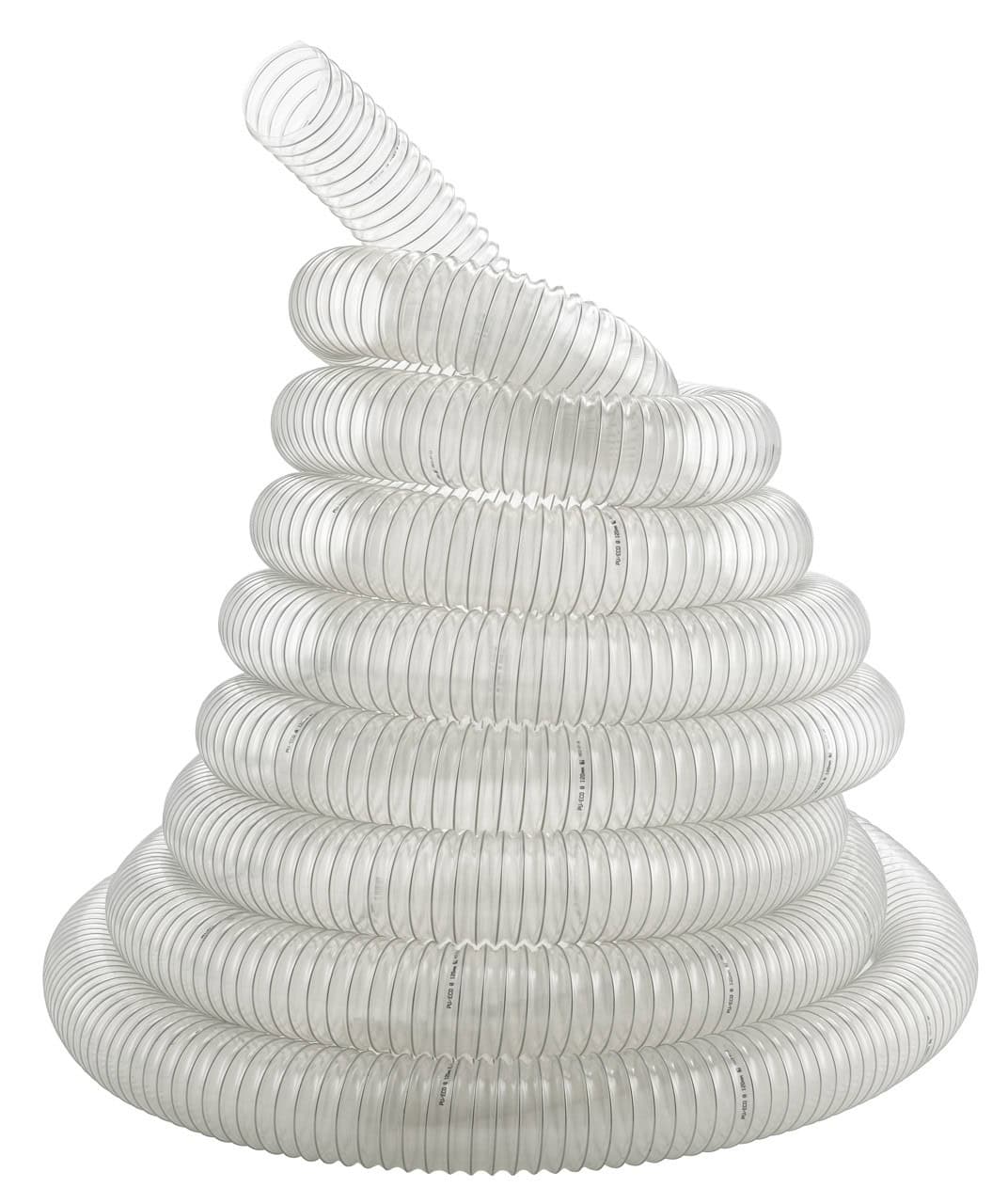 Il tubo flessibile Bernardo in PU Ø 100 mm, lungo 4 metri, trasparente con spirale in acciaio, ideale per aspirazione di polveri e trucioli fini nelle lavorazioni del legno.
