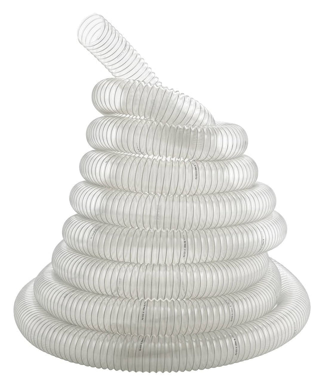 Il tubo flessibile Bernardo in PU Ø 100 mm, lungo 4 metri, trasparente con spirale in acciaio, ideale per aspirazione di polveri e trucioli fini nelle lavorazioni del legno.