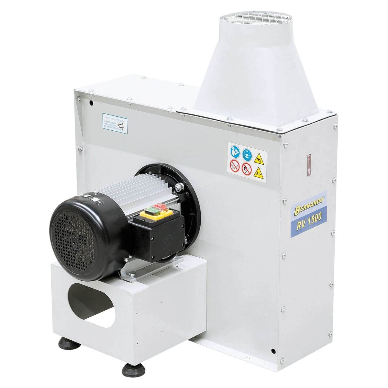 Ventilatore centrifugo Bernardo RV 1500 400 V, con girante bilanciata in acciaio e struttura verniciata a polvere, ideale per aspirazione di trucioli e polveri industriali.