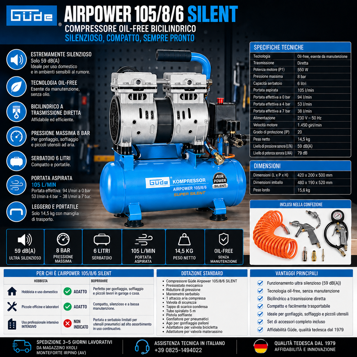 Compressore oil-free silenzioso Güde Airpower 105/8/6 SILENT, 59 dB