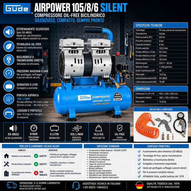Compressore oil-free silenzioso Güde Airpower 105/8/6 SILENT, 59 dB