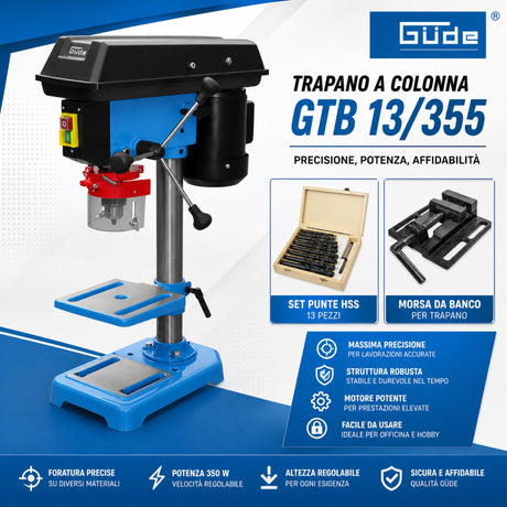 Trapano a colonna da banco Güde GTB 13/355 con morsa di serraggio e set di punte HSS, motore 350 W, mandrino autoserrante 1,5–13 mm
