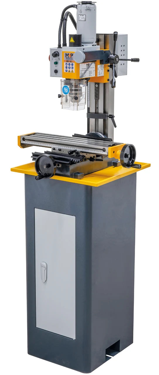 Trapano-fresatrice M4P MD 18 L / 230 V montata su basamento con vasca raccoglitrucioli (accessorio opzionale), vista laterale destra