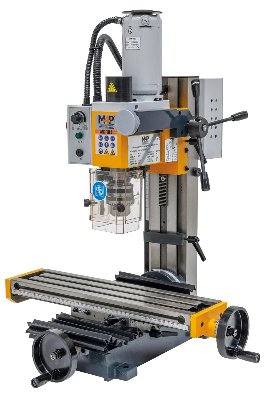 Trapano-fresatrice M4P MD 18 L / 230 V, vista laterale destra con leva a stella e volantini della tavola