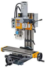 Trapano-fresatrice M4P MD 18 L / 230 V, vista laterale destra con leva a stella e volantini della tavola
