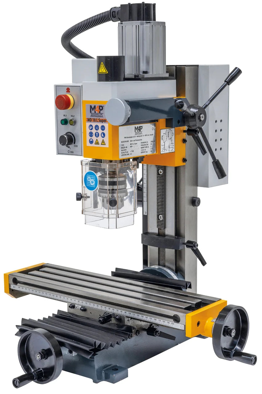 Trapano-fresatrice M4P MD 18 L Super / 230 V, vista laterale destra con leva del cannotto e volantini della tavola