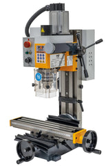 Trapano-fresatrice M4P MD 18 Super / 230 V, vista laterale destra con leva del cannotto e volantini della tavola
